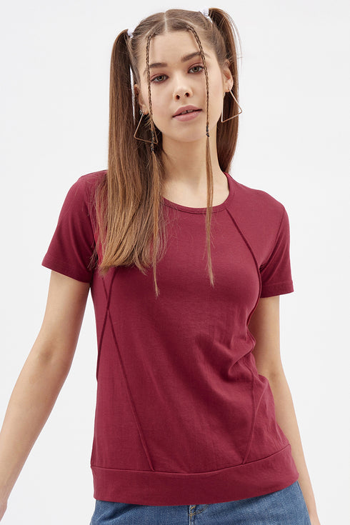 Women Maroon Round Neck Half Sleeves T-Shirt